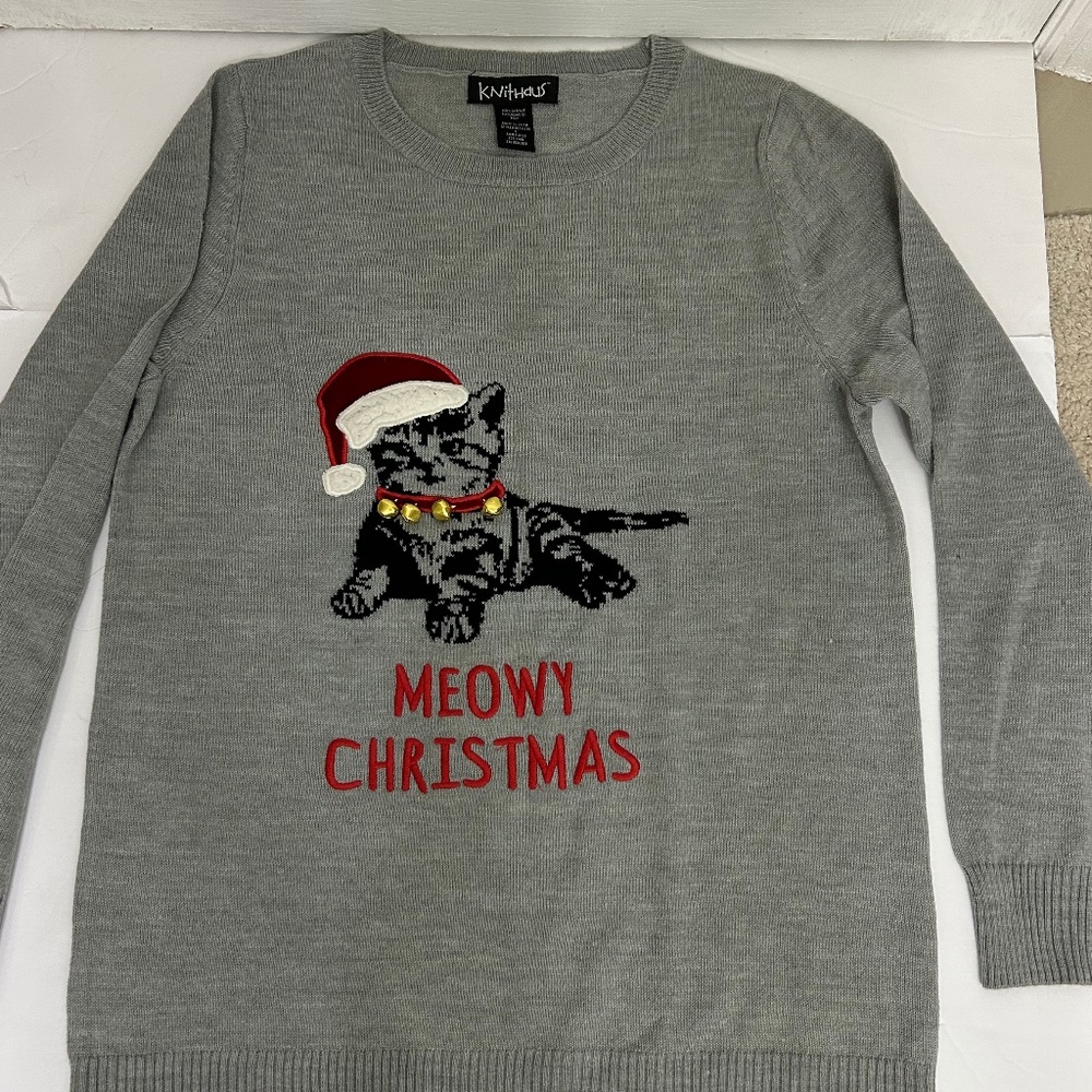 Knithaus Women's Long Sleeves Sweater Sz L , Grey Christmas Holiday Kitty Cat